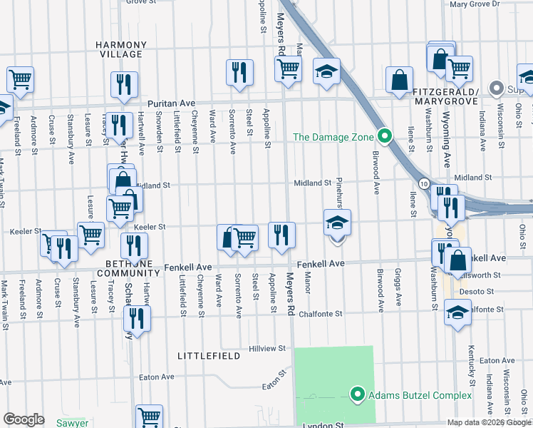 map of restaurants, bars, coffee shops, grocery stores, and more near 15466 Appoline Avenue in Detroit