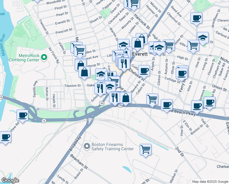 map of restaurants, bars, coffee shops, grocery stores, and more near 11 Cazenove Place in Everett