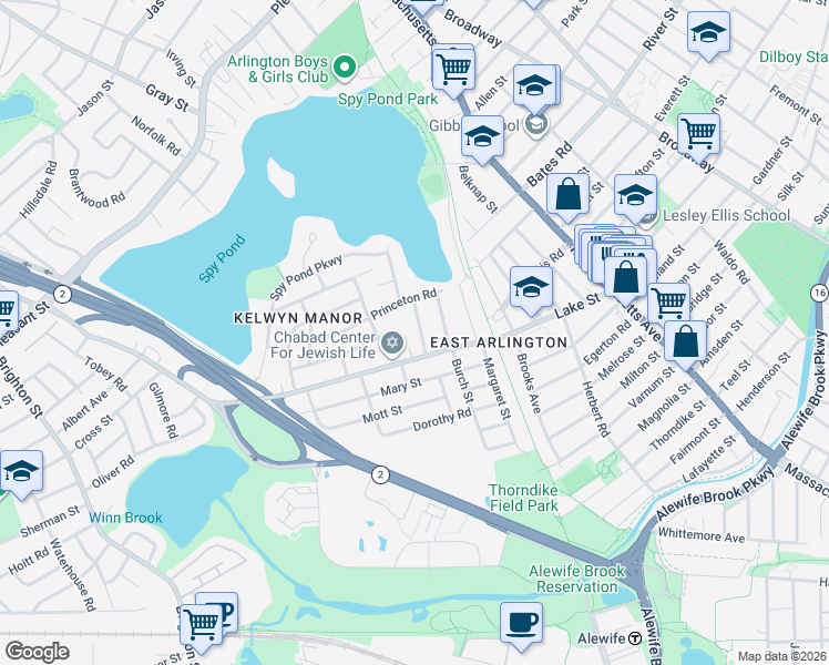 map of restaurants, bars, coffee shops, grocery stores, and more near 27 Pondview Road in Arlington