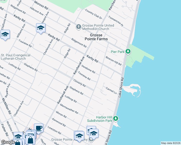 map of restaurants, bars, coffee shops, grocery stores, and more near 75 Vendome Road in Grosse Pointe Farms