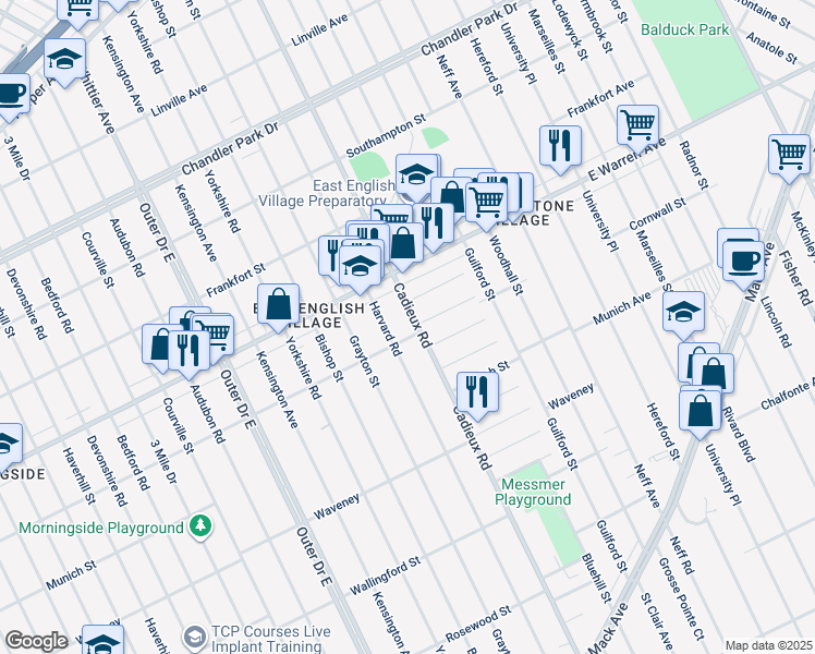 map of restaurants, bars, coffee shops, grocery stores, and more near 4837 Cadieux Road in Detroit
