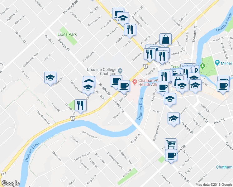 map of restaurants, bars, coffee shops, grocery stores, and more near 164 Grand Avenue West in Chatham-Kent