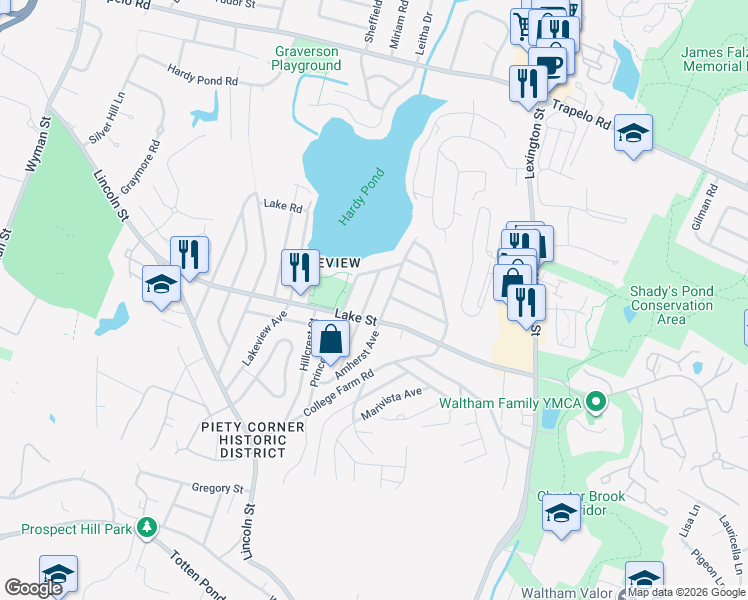 map of restaurants, bars, coffee shops, grocery stores, and more near 10 Bowdoin Avenue in Waltham