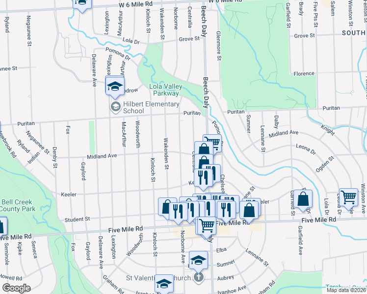 map of restaurants, bars, coffee shops, grocery stores, and more near 15866 Norborne in Redford Charter Township
