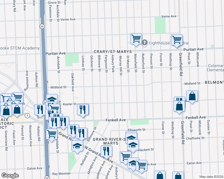 map of restaurants, bars, coffee shops, grocery stores, and more near 15702 Ferguson Street in Detroit