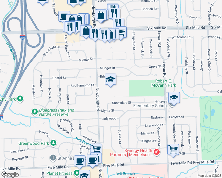 map of restaurants, bars, coffee shops, grocery stores, and more near 16200 Newburgh Road in Livonia