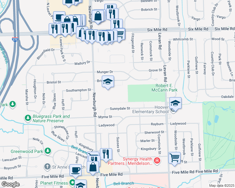 map of restaurants, bars, coffee shops, grocery stores, and more near 16200 Newburgh Road in Livonia
