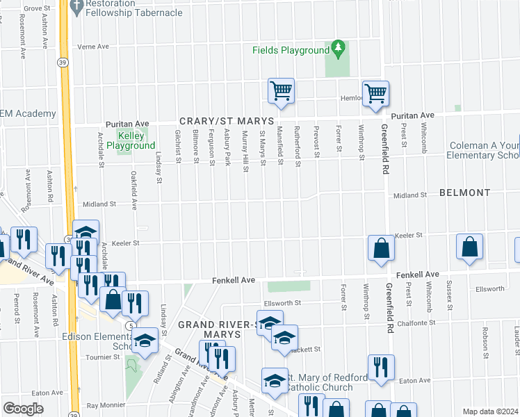 map of restaurants, bars, coffee shops, grocery stores, and more near 15501 Saint Marys Street in Detroit