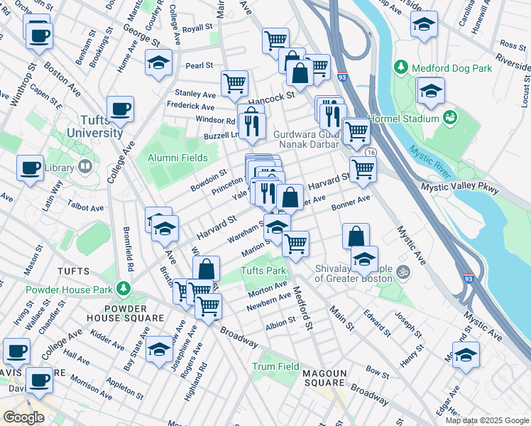 map of restaurants, bars, coffee shops, grocery stores, and more near 371 Main Street in Medford