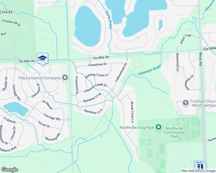 map of restaurants, bars, coffee shops, grocery stores, and more near 16362 Johnson Creek Drive in Northville