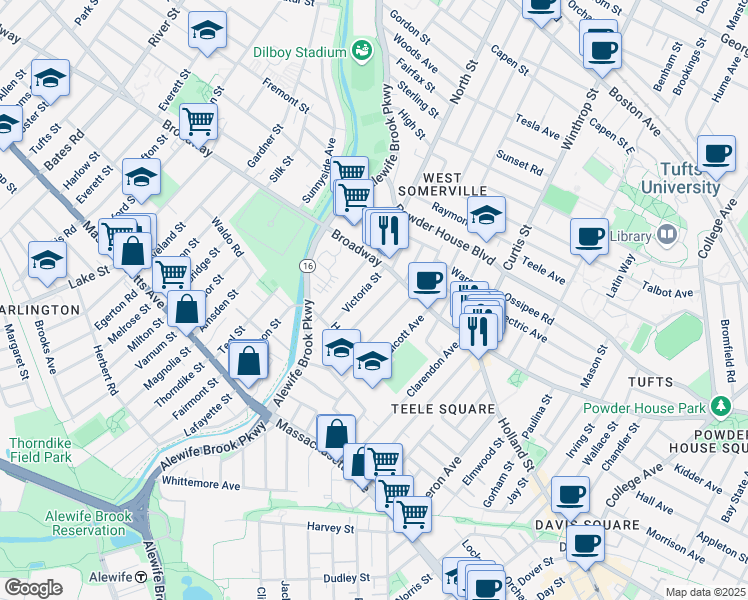 map of restaurants, bars, coffee shops, grocery stores, and more near 27 Garrison Avenue in Somerville