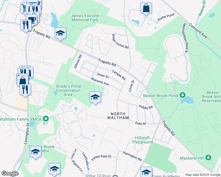 map of restaurants, bars, coffee shops, grocery stores, and more near 118 Warwick Avenue in Waltham