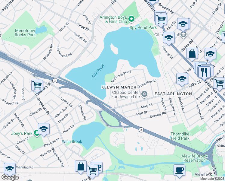 map of restaurants, bars, coffee shops, grocery stores, and more near 39 Spy Pond Parkway in Arlington