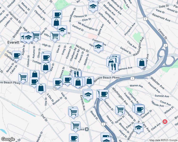 map of restaurants, bars, coffee shops, grocery stores, and more near 21 Hoyt Street in Everett