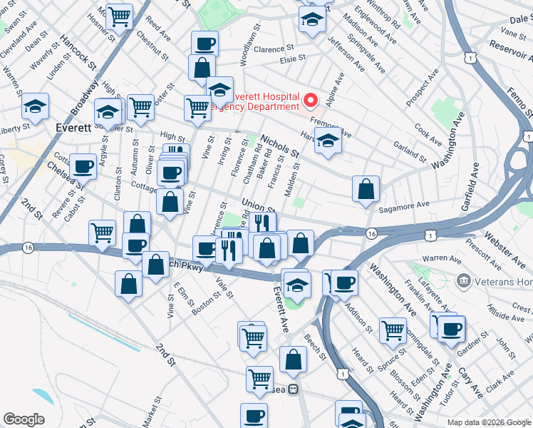 map of restaurants, bars, coffee shops, grocery stores, and more near 130 Union Street in Everett
