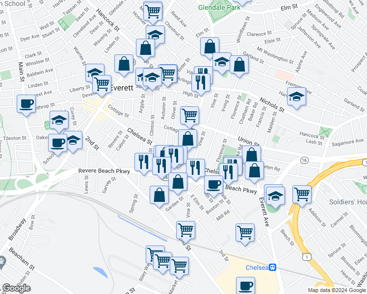 map of restaurants, bars, coffee shops, grocery stores, and more near 27 Ferry Street in Everett