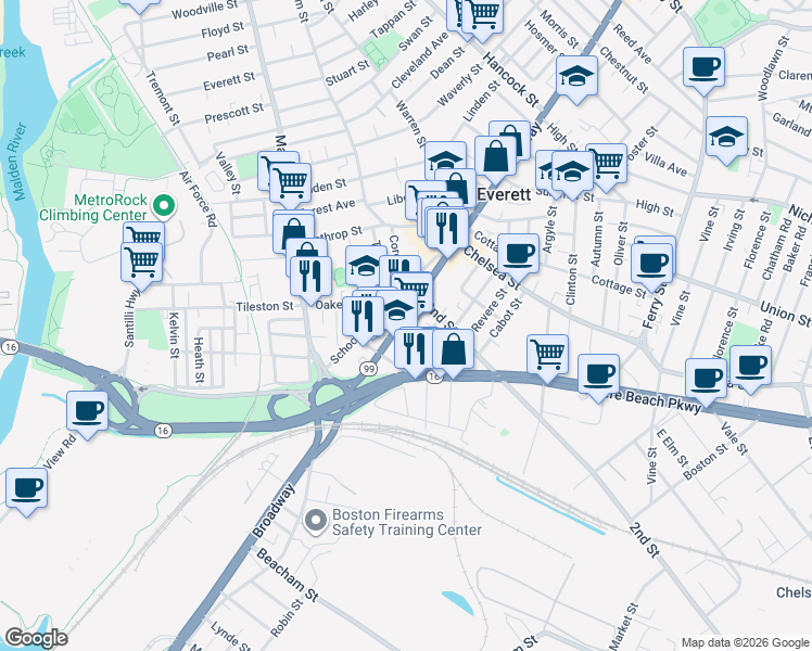map of restaurants, bars, coffee shops, grocery stores, and more near 91 School Street in Everett