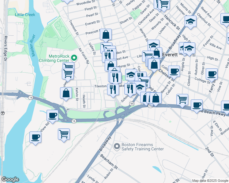 map of restaurants, bars, coffee shops, grocery stores, and more near 9 Oakes Street in Everett
