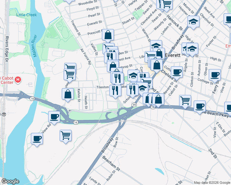 map of restaurants, bars, coffee shops, grocery stores, and more near 9 Oakes Street in Everett
