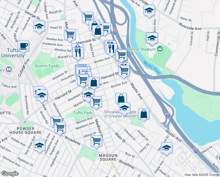 map of restaurants, bars, coffee shops, grocery stores, and more near 81 Alexander Avenue in Medford