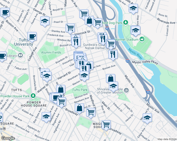 map of restaurants, bars, coffee shops, grocery stores, and more near 36 Alexander Avenue in Medford
