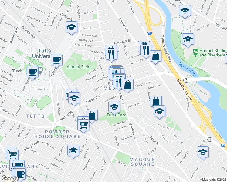 map of restaurants, bars, coffee shops, grocery stores, and more near 1 Harvard Street in Medford
