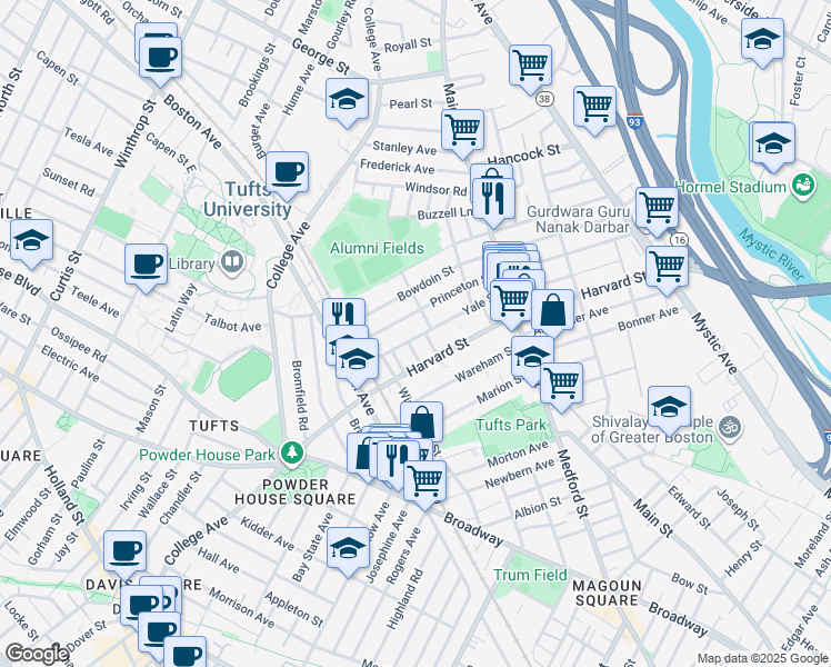 map of restaurants, bars, coffee shops, grocery stores, and more near 102 Princeton Street in Medford