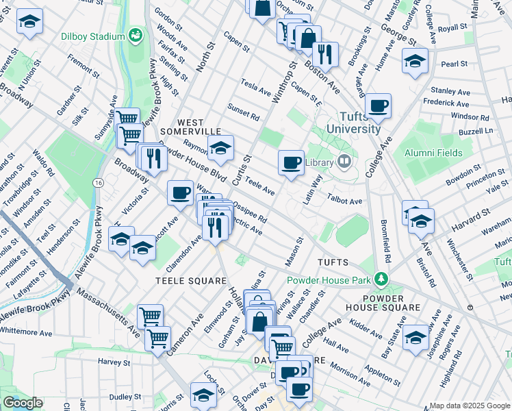 map of restaurants, bars, coffee shops, grocery stores, and more near in Somerville