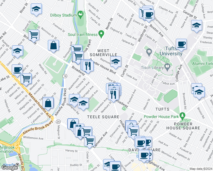 map of restaurants, bars, coffee shops, grocery stores, and more near 42 Fairmount Avenue in Somerville