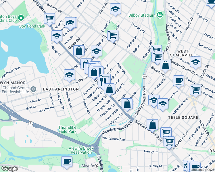 map of restaurants, bars, coffee shops, grocery stores, and more near 155 Massachusetts Avenue in Arlington