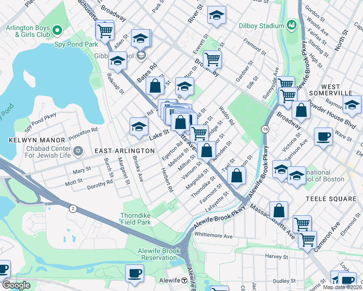 map of restaurants, bars, coffee shops, grocery stores, and more near 180 Massachusetts Avenue in Arlington