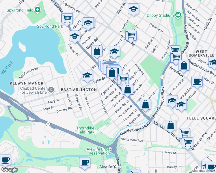 map of restaurants, bars, coffee shops, grocery stores, and more near 180 Massachusetts Avenue in Arlington
