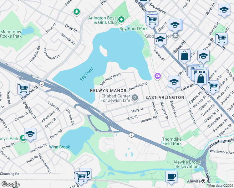 map of restaurants, bars, coffee shops, grocery stores, and more near 25 Cheswick Road in Arlington