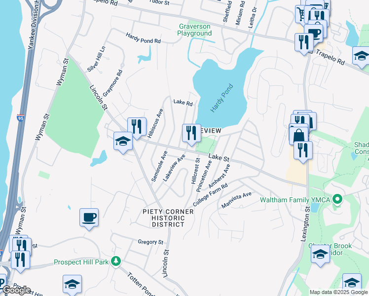 map of restaurants, bars, coffee shops, grocery stores, and more near 10 Lakeview Terrace in Waltham