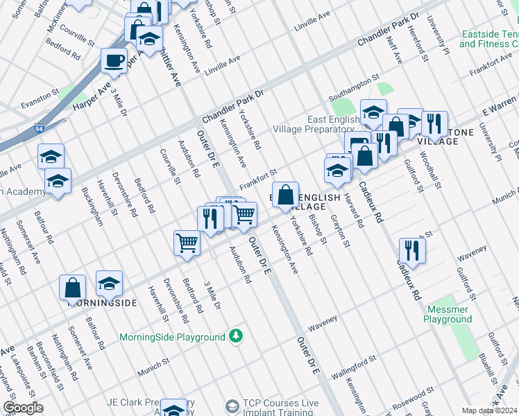 map of restaurants, bars, coffee shops, grocery stores, and more near 5077 Kensington Avenue in Detroit
