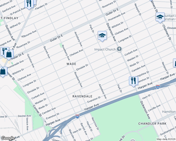 map of restaurants, bars, coffee shops, grocery stores, and more near 12349 Corbett Avenue in Detroit