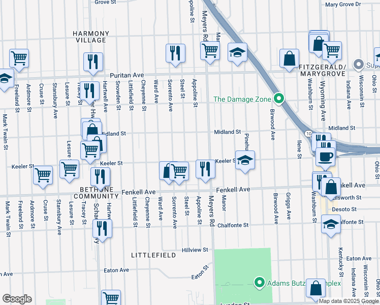 map of restaurants, bars, coffee shops, grocery stores, and more near 15466 Appoline Avenue in Detroit