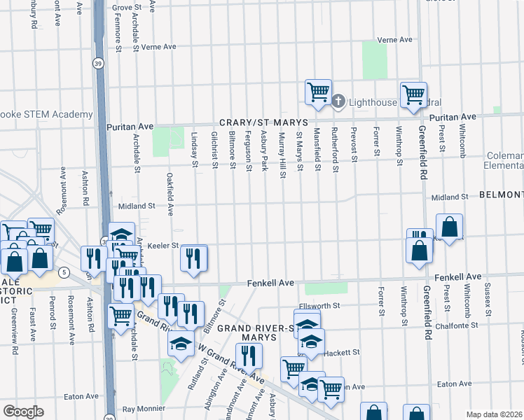 map of restaurants, bars, coffee shops, grocery stores, and more near 15702 Ferguson Street in Detroit