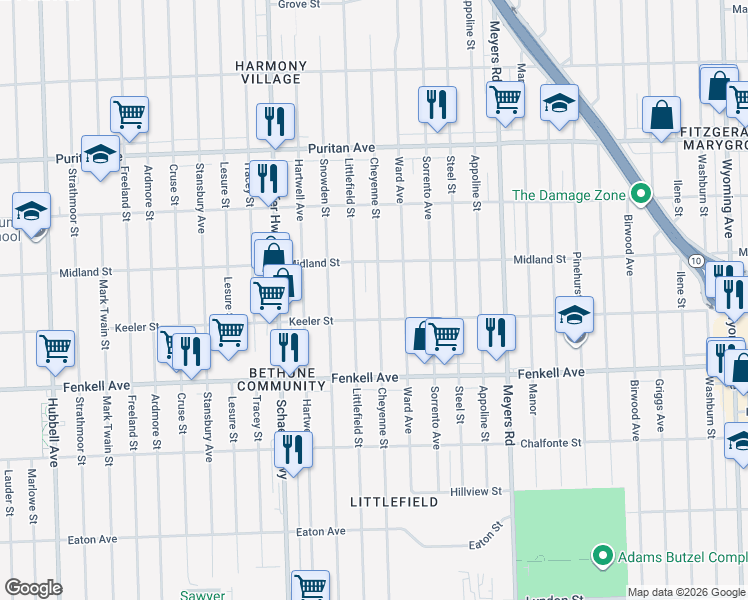 map of restaurants, bars, coffee shops, grocery stores, and more near 15439 Cheyenne Street in Detroit