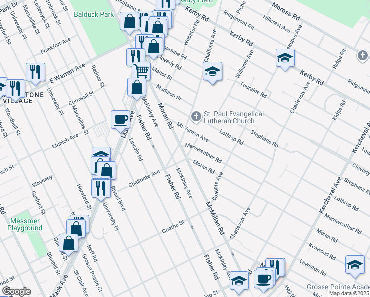map of restaurants, bars, coffee shops, grocery stores, and more near 403 Moran Road in Grosse Pointe Farms