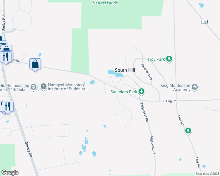 map of restaurants, bars, coffee shops, grocery stores, and more near 173 East King Road in Ithaca
