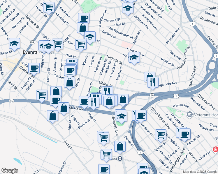 map of restaurants, bars, coffee shops, grocery stores, and more near 130 Union Street in Everett