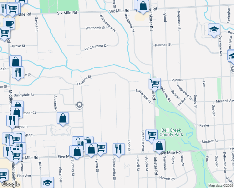 map of restaurants, bars, coffee shops, grocery stores, and more near 15939 Deering Street in Livonia
