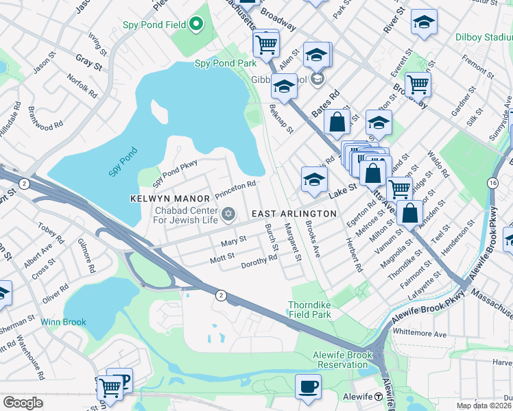 map of restaurants, bars, coffee shops, grocery stores, and more near 27 Pondview Road in Arlington