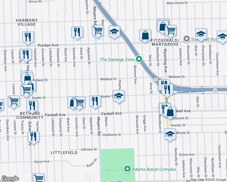 map of restaurants, bars, coffee shops, grocery stores, and more near 15463 Monte Vista Street in Detroit
