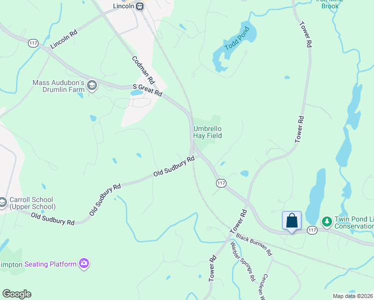 map of restaurants, bars, coffee shops, grocery stores, and more near 5 Old Sudbury Road in Lincoln