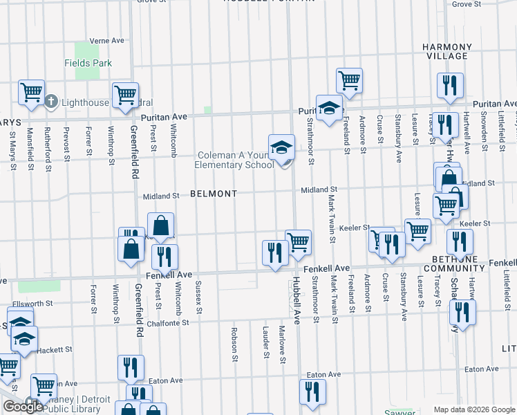 map of restaurants, bars, coffee shops, grocery stores, and more near 15500 Lauder Street in Detroit