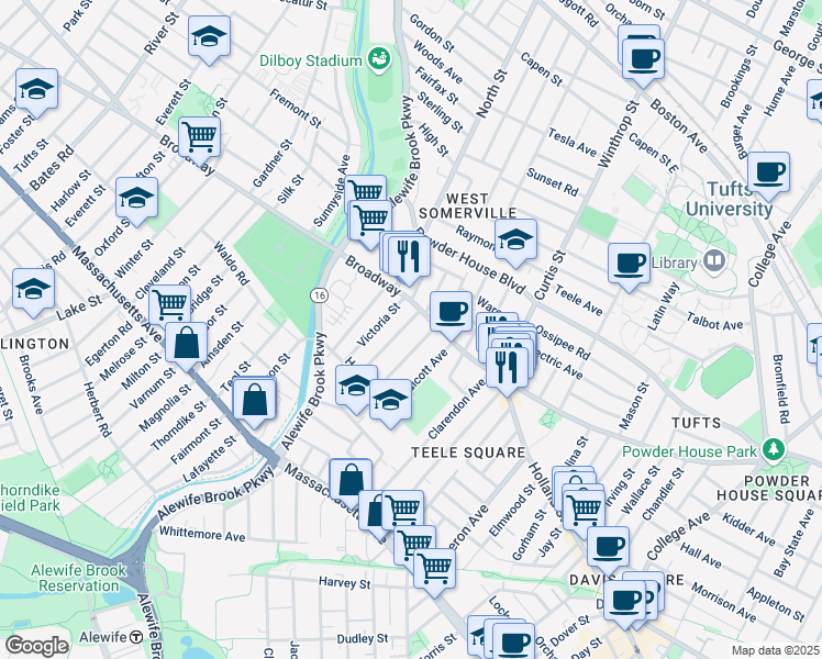 map of restaurants, bars, coffee shops, grocery stores, and more near 1249 Broadway in Somerville