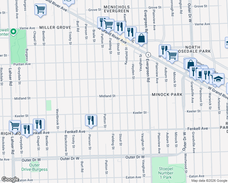 map of restaurants, bars, coffee shops, grocery stores, and more near 15718 Fielding Street in Detroit