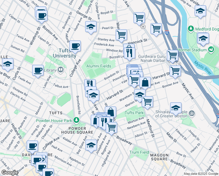 map of restaurants, bars, coffee shops, grocery stores, and more near 102 Princeton Street in Medford